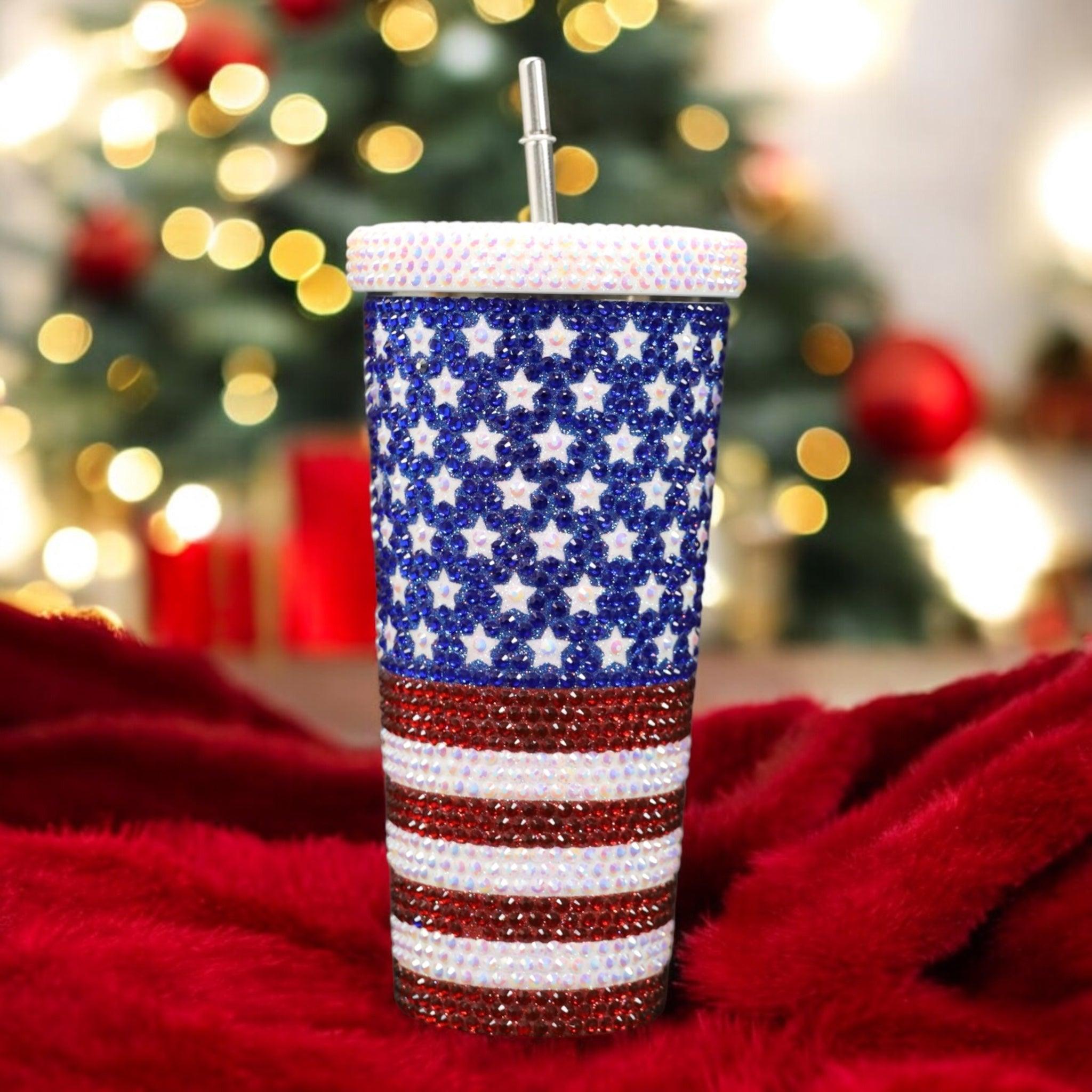 25oz Stainless Steel Vacuum Cup with USA Flag and Rhinestones