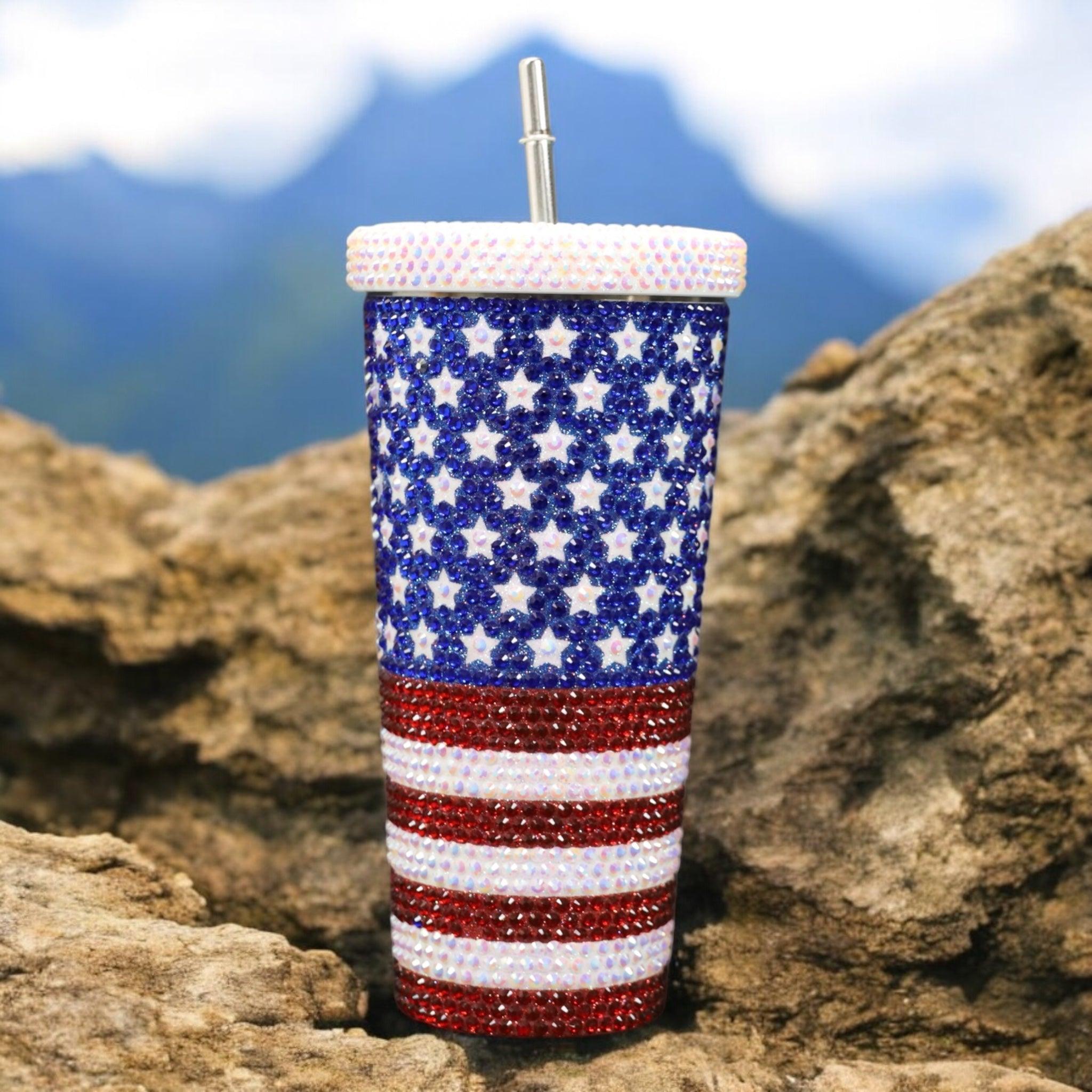 25oz Stainless Steel Vacuum Cup with USA Flag and Rhinestones