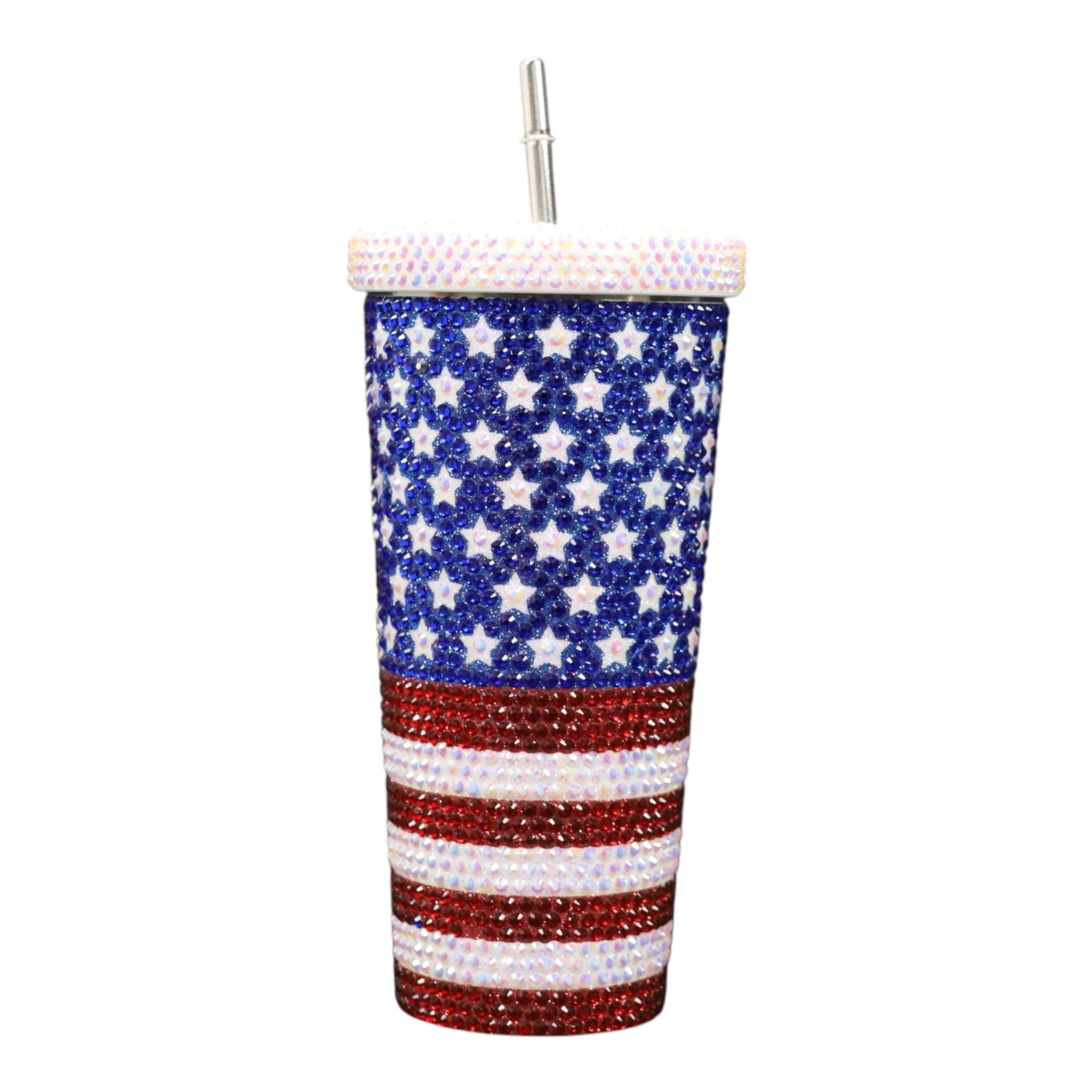 25oz Stainless Steel Vacuum Cup with USA Flag and Rhinestones