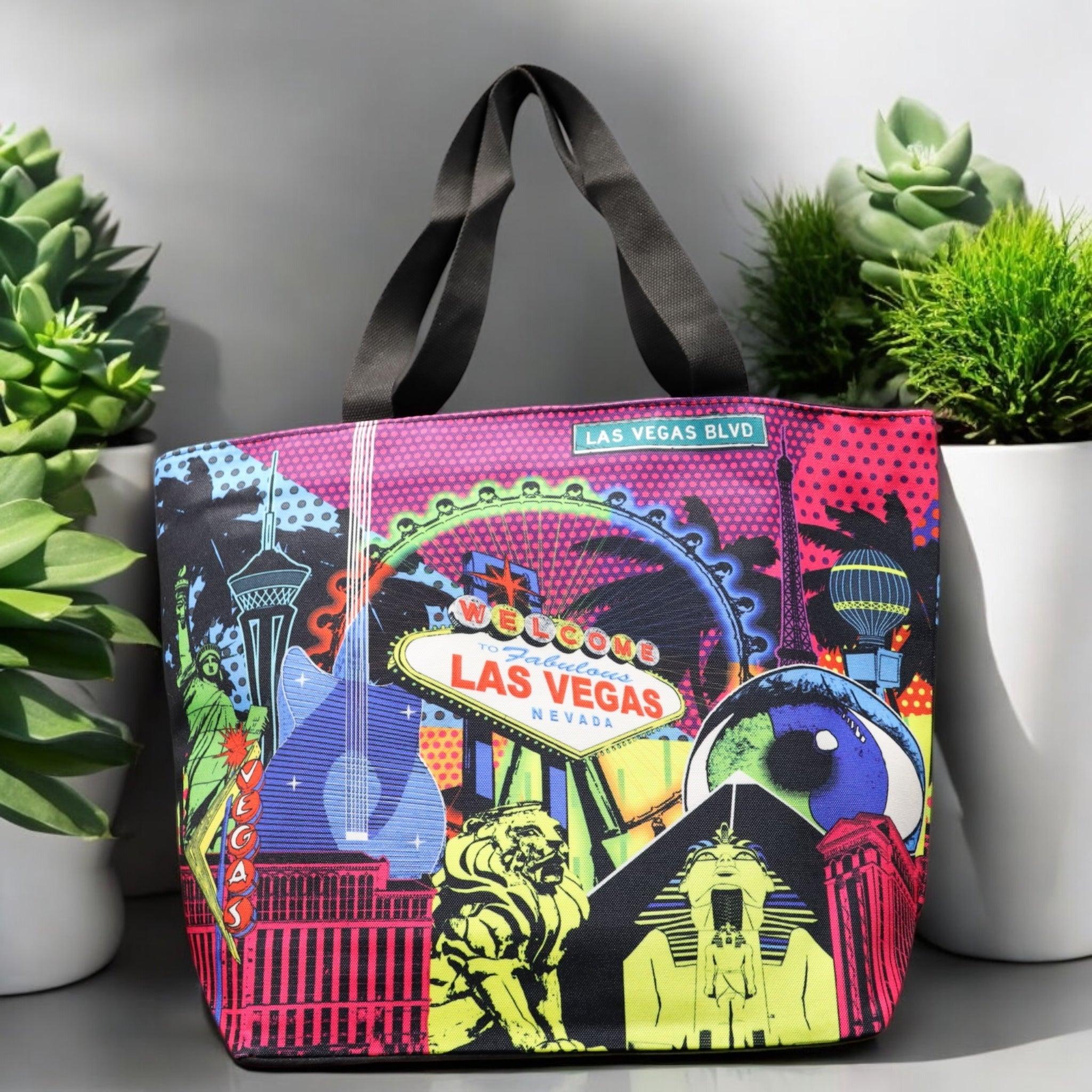 Las Vegas Tote Straw Bottom with pop art Scene